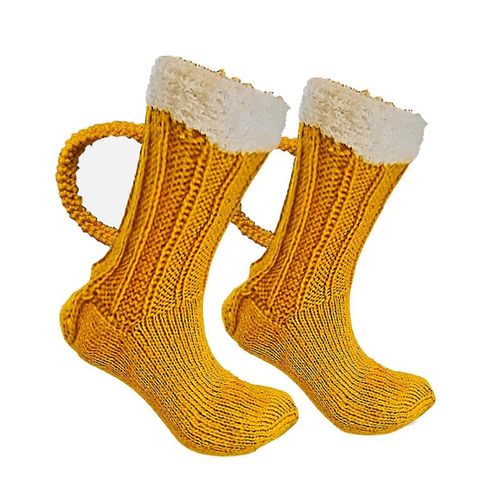 3d Beer Mug Socks Cute Unisexe Drôle De Nouveauté Jaune Tricot Chaussettes Hiver Chaud Épais Chaussette De Sol Pour Hommes 1paire