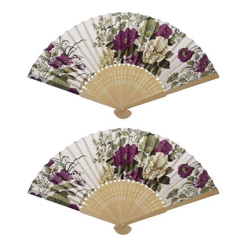 2x Mariage D'été Pour Femmes Motif Floral Tissu Hand Fan Blanc Violet