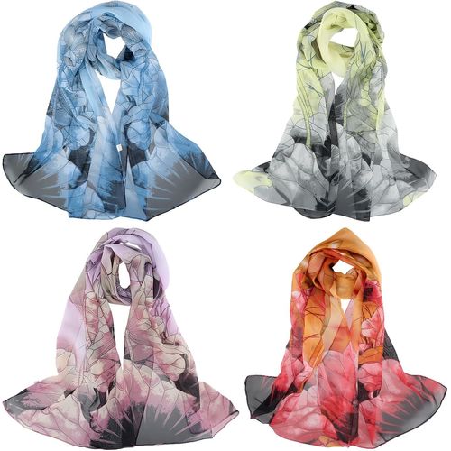 Lot De 4 Foulard Femme,Echarpes Femme Chiffon Avec Imprimé De Lotus,Foulard En Doux,Foulard Élégant,Taille 150 X 50 Cm