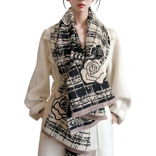 Hiver Écharpe Femme Pashmina Châles Et Écharpes Motif Camélia À Carreaux Style Romantique Élégant Echarpe En Cachemire Avec Gland Grande Longue Écharpe Épaissie Chaud Châle Etoles.[G587]