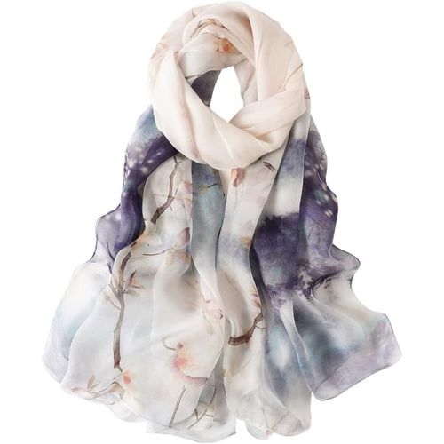 Femme Foulard 100% Soie Imprime Floral Grande Echarpe Châle Ultra-Léger Respirant Elégant Cadeau 175 * 110cm.[G413]