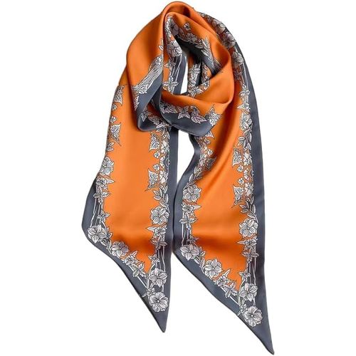 Écharpe En Satin De Soie 148 X 13,5 Cm Cravate Double Couche Pour Blazer,Manteau,Robe,86# Gris Foncé,Orange,Fleur Blanche,148cm X 13,5cm