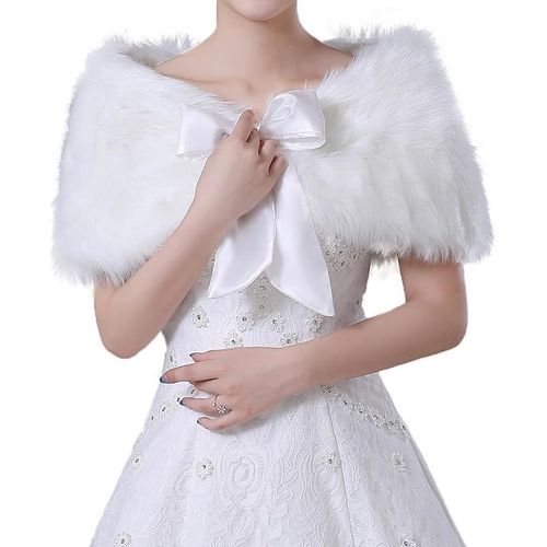 Hiver Femme Mariée Demoiselle D'honneur Châle En Fausse Fourrure Cape Mariage Wrap Mariée Châle Veste Blanc Écharpe Chaude Étole Châle Mariage Pour Robe De Fête De Mariage Soirée