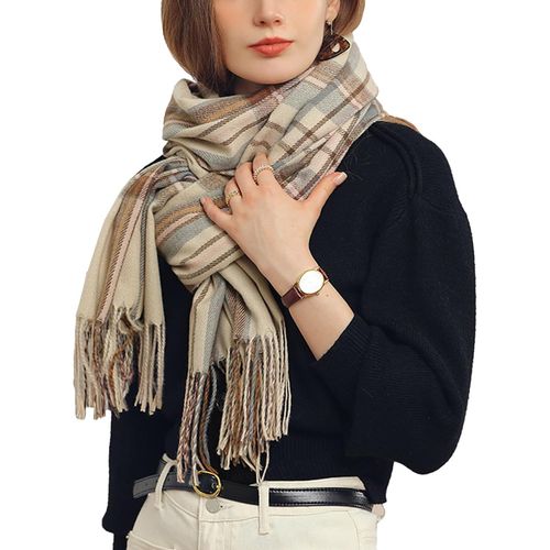 Echarpe Femme Imitation Cachemire Hiver Chaud Cape Elégant Épais Réversible Tartan Châle Avec Longues Franges