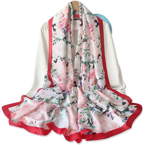 Femme Foulard En Soie Imprimé Feuille Camélia Motif Peinture À L'huile Colorée Style Artistique Romantique Echarpe Longue Grande Légère Chaude Châle Étole Sarong De Plage Toutes Les Saisons.[G906]