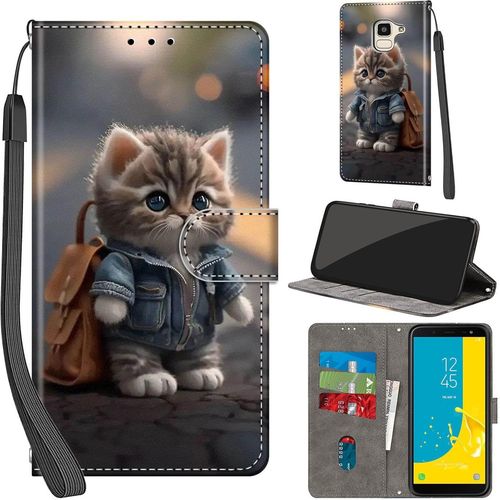 Coque Pour Samsung Galaxy J6 2018,Etui Protection Housse Premium En Cuir Pu Portefeuille,[Ranges Cartes] [Fonction Support] Pochette Pour Samsung J6 2018,Chat