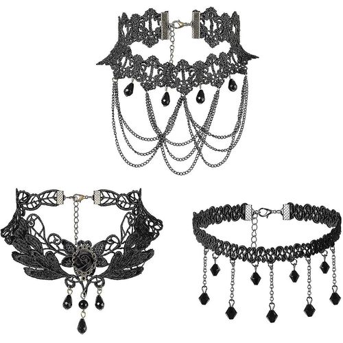 Femmes Fille 3 Pièces Noir Rétro Gothique Dentelle Collier Ras Du Cou Collier Tour De Cou, 13 Pouces