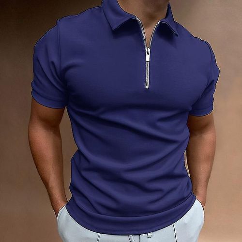 Polo De Couleur Unie Pour Hommes À Manches Courtes Col Rabattu Polo À Glissière Et Pour Hommes Décontracté Streetwear Été Mâle Hauts L Yj Bleu Foncé