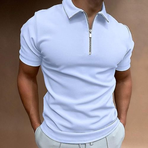 Polo De Couleur Unie Pour Hommes À Manches Courtes Col Rabattu Polo À Fermeture Éclair Et Pour Hommes Décontracté Streetwear Été Mâle Hauts S Yj Bleu