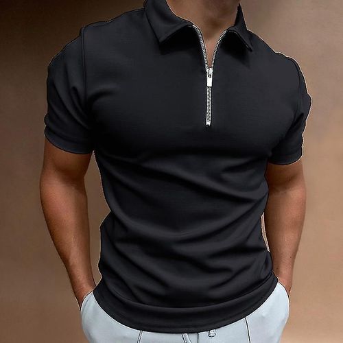 Polo De Couleur Unie Pour Hommes À Manches Courtes Col Rabattu Polo À Glissière Et Pour Hommes Décontracté Streetwear Été Mâle Hauts Xxxl Yj Noir