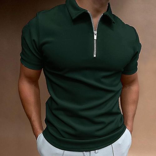 Polo De Couleur Unie Pour Hommes À Manches Courtes Col Rabattu Polo À Fermeture Éclair Et Pour Hommes Décontracté Streetwear Été Mâle Hauts Xxl Yj Vert