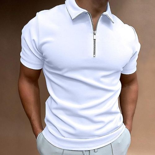 Polo De Couleur Unie Pour Hommes À Manches Courtes Col Rabattu Polo À Fermeture Éclair Et Pour Hommes Décontracté Streetwear Été Mâle Hauts Xl Yj Blanc