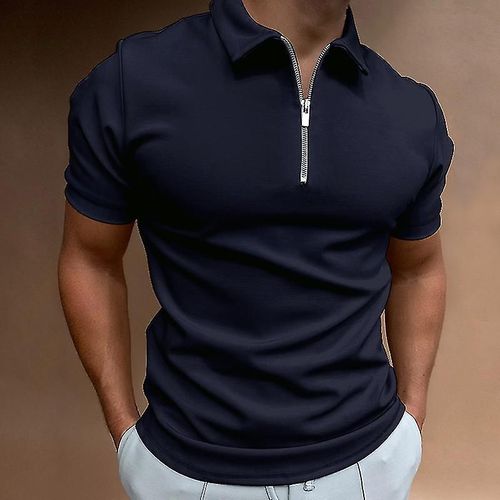 Polo De Couleur Unie Pour Hommes À Manches Courtes Col Rabattu Polo À Fermeture Éclair Et Pour Hommes Décontracté Streetwear Été Mâle Hauts Xxxl Yj Marine