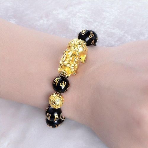 Bracelet De Perles En Pierre D'obsidienne Feng Shui Pour Hommes Et Femmes, Unisexe, Or Noir, Pixiu, Richesse Et Bonne Chance, Pour Femmes