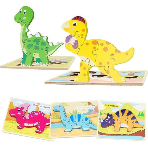 Puzzles en bois pour tout-petits, 5 paquets de dinosaures Puzzles en bois pour les enfants de 1 2 à 3 4 ans, jouets éducatifs cadeaux pour garçons et filles jouets d'apprentissage préscolaires, B