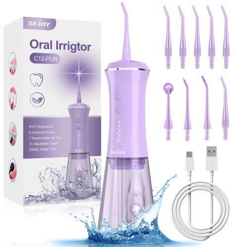 Sejoy Hydropulseur Jet Dentaire Rechargeable Portable 350ml, Irrigateur Oral Professionnel Ipx7 Étanche Avec 7 Buses 5 Modes - Violet