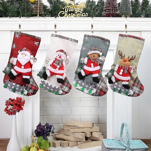 4 packs de bas de Noël, ensembles de 18 pouces bas avec père Noël, bonhomme de neige, renne, ours, décor de Noël en peluche 3d pour la fête de Noël en famille Ornamen