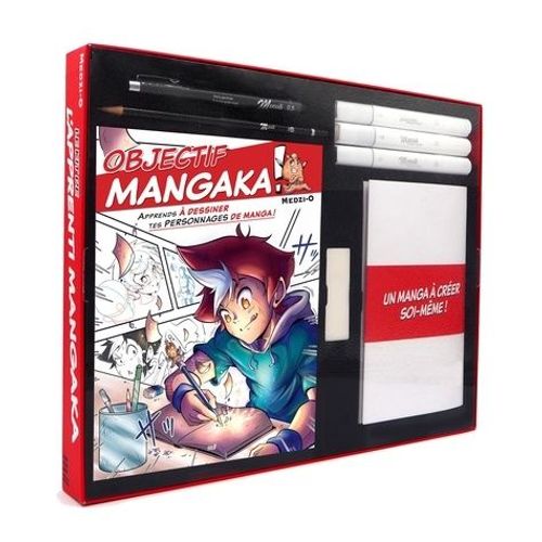 Objectif Mangaka ! Apprends À Dessiner Tes Personnages De Manga ! - Le Kit De L'apprenti Mangaka, Avec Le Livre, Un Manga Vierge, Des Marqueurs, Des Crayons Et Une Gomme