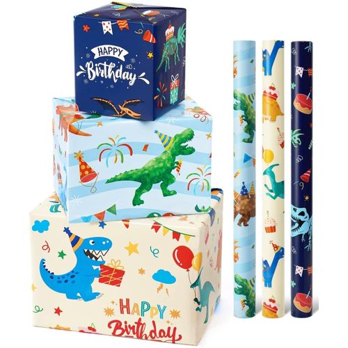 Ershi-Dinosaure Emballage Papier Rouleaux - 3 Rouleaux 43 Cm X 3 M Dino Cadeau Emballage Papier Enfants Joyeux Anniversaire Emball[518]