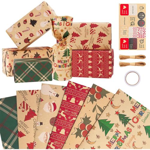 Ershi-Papier Cadeau Kraft Noel 6 Feuilles Papier Cadeau 70x50cm Modèles Avec Divers Élément Classiques Noël Convient Aux Enfants, [370]
