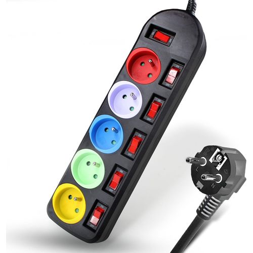 ERSHI-FISHTEC Multiprises Electriques 5 Prises Couleur - Bloc Multiprise Couleur - Interrupteur Général + pour Chaque Sortie + Sti[341]