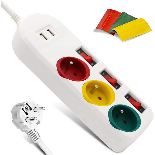 ERSHI-FISHTEC Multiprise Trio Color avec Interrupteurs Individuels - 3 Prises Rouge, Jaune et Verte + 2 Ports USB 2A - Stickers d'[226]