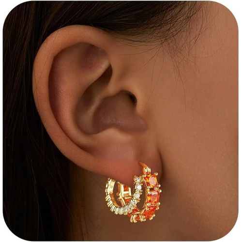 Ershi-Boucles D'oreilles Créoles Doubles En Or Pour Femme, Boucles D'oreilles Carrées En Zircone Cubique Plaquées Or 14 Carats, Bi[811]