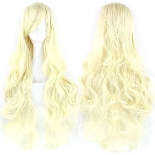 Kalanka-80cm Longue Perruque De Cosplay De Cheveux Naturels Bouclés Avec Une Frange Colorée Halloween Costume Party Perruques Pour Les Femmes (Blond)