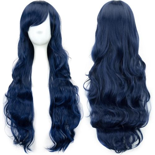 Kalanka-80cm Longue Perruque De Cosplay De Cheveux Naturels Bouclés Avec Une Frange Colorée Halloween Costume Party Perruques Pour Les Femmes (Bleu Foncé)