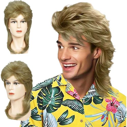 Kalanka-Perruque Mulet Homme Blond Clair, Homme Perruque Des Années 80, Longue Bouclée Perruque De Cheveux, 90s Déguisement Perruque Homme, Cosplay Party Perruque Pour Carnaval Halloween (Blond Clair