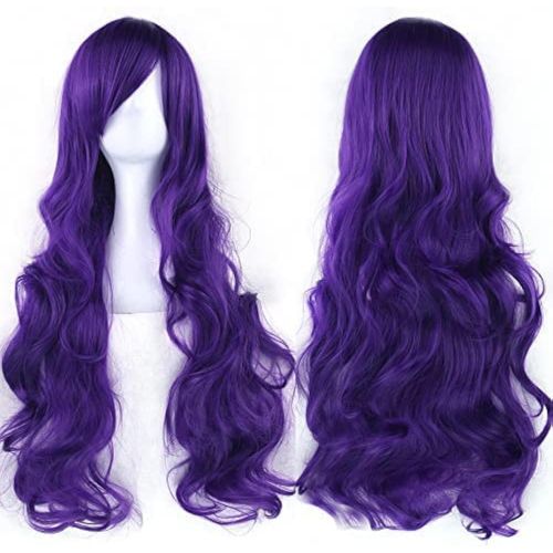 Kalanka-80cm Longue Perruque De Cosplay De Cheveux Naturels Bouclés Avec Une Frange Colorée Halloween Costume Party Perruques Pour Les Femmes (Violet Foncé)