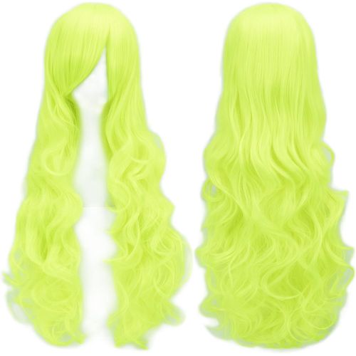 Kalanka-80cm Longue Perruque De Cosplay De Cheveux Naturels Bouclés Avec Une Frange Colorée Halloween Costume Party Perruques Pour Les Femmes (Fluorescent Vert)