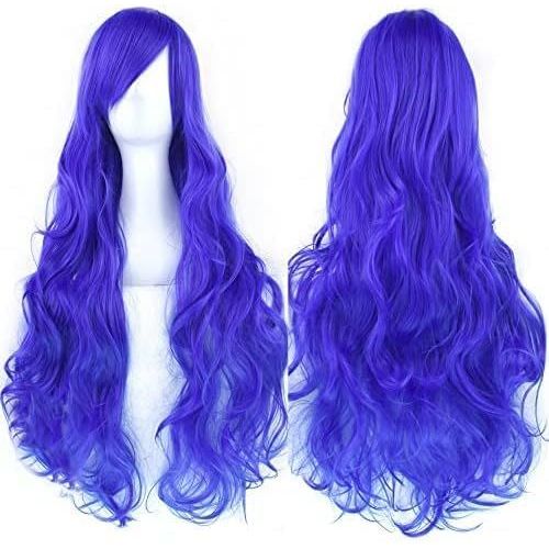 Kalanka-80cm Longue Perruque De Cosplay De Cheveux Naturels Bouclés Avec Une Frange Colorée Halloween Costume Party Perruques Pour Les Femmes (Bleu)