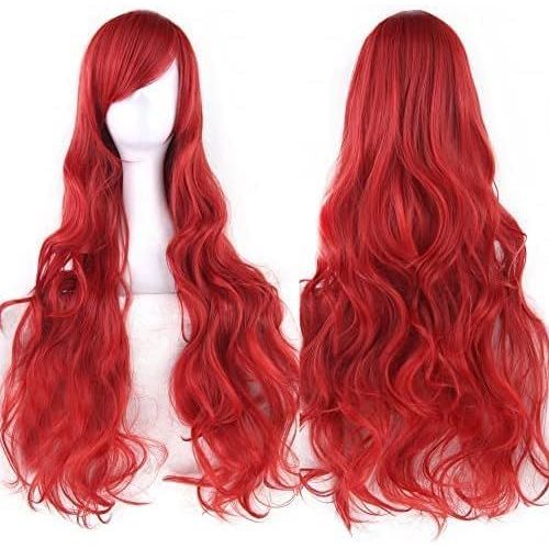 Kalanka-80cm Longue Perruque De Cosplay De Cheveux Naturels Bouclés Avec Une Frange Colorée Halloween Costume Party Perruques Pour Les Femmes (Rouge)