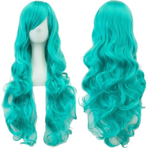 Kalanka-80cm Longue Perruque De Cosplay De Cheveux Naturels Bouclés Avec Une Frange Colorée Halloween Costume Party Perruques Pour Les Femmes (Lac Bleu)