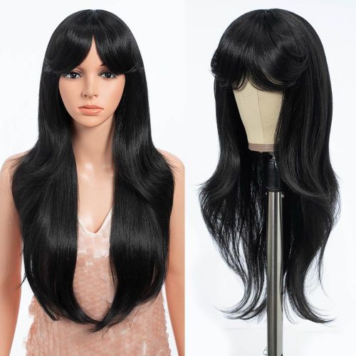Kalanka-Perruque De Cheveux Synthétiques Pour Femme Avec Franges De Rideau De Porte, Ondulée/Bouclée/Droite (66,5 Cm, 1b)