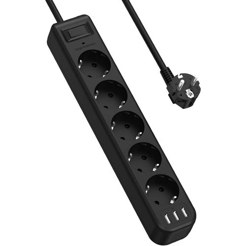 KALANKA-Multiprise Parasurtenseurs USB 5 Prises avec 3 Ports USB Chargeur de Voyage (5V2,4A/12W) Multiprises Electrique parafoudre et surtension avec Cable 1,8m pour Smartphone, Maison, Bureau-Noir