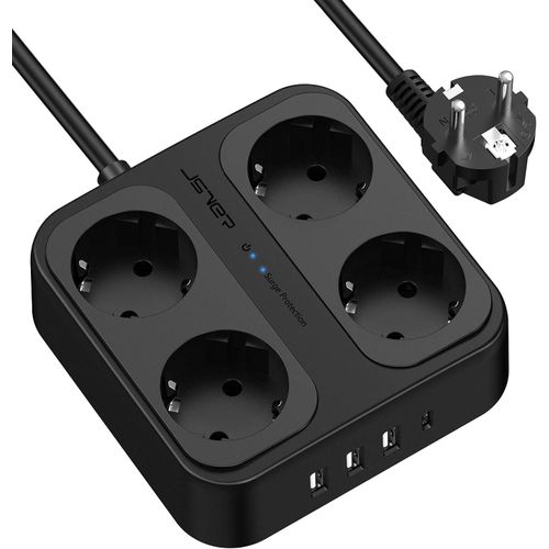 KALANKA-Multiprise Parasurtenseurs USB 4 Prises avec 3 Ports USB A+1 Ports USB C Chargeur (5V3,4A) Multiprises parafoudre et surtension avec Cable 1,8m pour Smartphone, Maison, Bureau-Noir