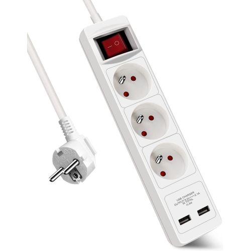 KALANKA-Extrastar Multiprise 3 Prises et 2 Ports USB Chargeur,Bloc Multiprises avec Interrupteur, Rallonge 1.5m 230 V avec sécurité Enfant pour Maison, Bureau, Blanc