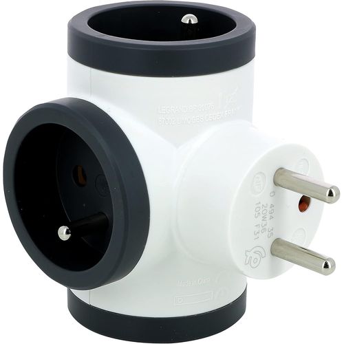 KALANKA-LEGRAND - Fiche Multiprise Triplite - 3 Prises Latérales en T avec Terre - Sécurité Enfant Intégrée - Blanc et Gris Foncé