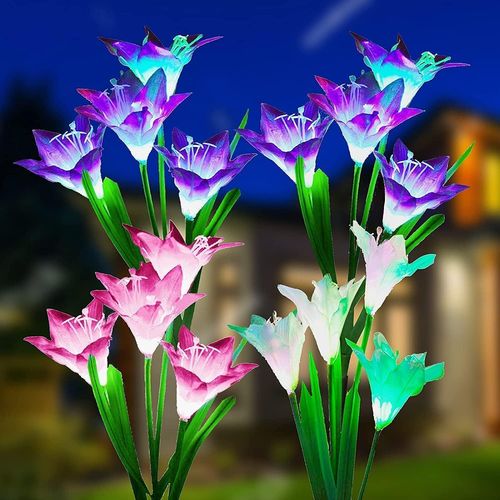 Lampes Solaires De Jardin D'ext¿¿Rieur, Changement De Couleur Avec 16 Grandes Fleurs De Lys Solaires, Lampes Solaires ¿¿Tanches Ip65 Pour Jardin, Terrasse, D¿¿Coration D'all¿¿E, Lot De 4