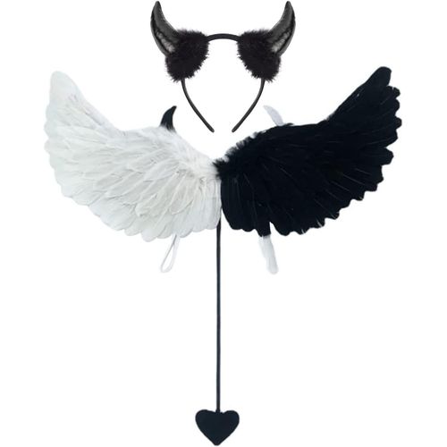 Costume De Diable Noir Et Blanc, Ailes D'ange En Plumes, Costume D'ailes D'ange, Aile De D¿¿Mon Avec Cornes De Diable Rouges, Ailes D'ange En Plumes, Pour Halloween, Carnaval, Cosplay