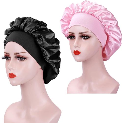 Lot De 2 Chapeaux En Satin Pour Femme, Bonnets De Soir¿¿E En Soie, Bonnets En Satin ¿¿Lastique, Bonnets De Maquillage En Soie (Noir Et Rose)