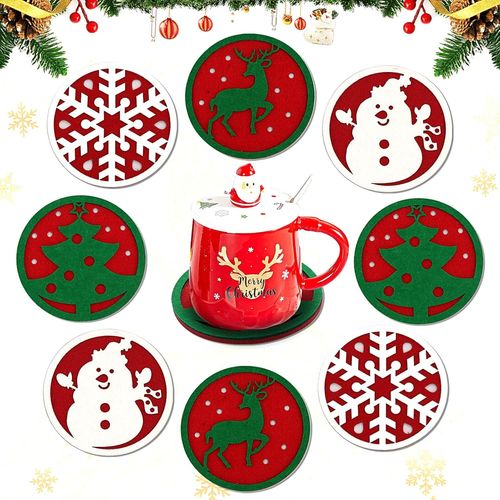 Dessous De Verre Ronds En Feutre, Dessous De Verre De Noël, Lot De 8, Dessous De Verre En Verre, Lavables Et Antidérapants, Pour Tasses Et Bouteilles De Vin
