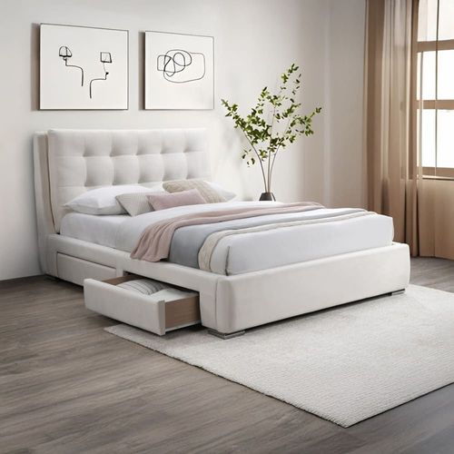 Lit Double En Tissu Blanc Écru Avec 2 Tiroirs 160x200 Cm