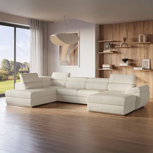 Canapé Panoramique 6 Places En Velours Beige
