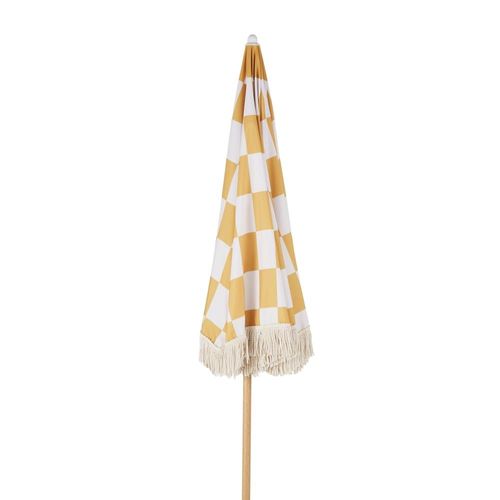 Parasol 2x2m En Aluminium Imitation Bois Et Toile En Polyester Recyclé Motif Damier Jaune Et Blanc
