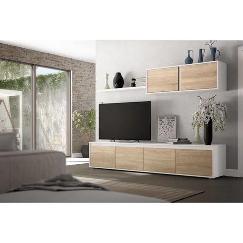Meuble Tv Effet Bois Beige, Blanc 200x41 Cm