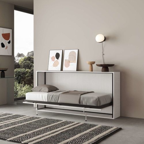 Lit Escamotable Horizontal 1couchage Av.Matelas Effet Bois Frêne Blanc