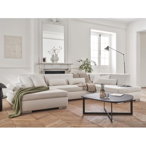 Canapé Panoramique 7 Places Angle Droit En Tissu Beige